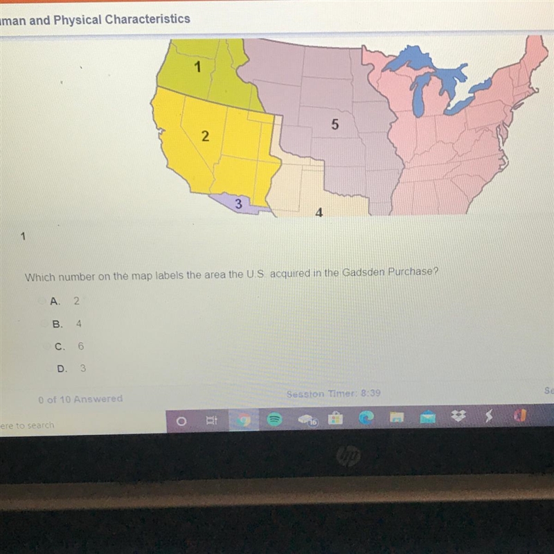 Which number on the map labels the area the US acquired in the Gadsden Purchase?-example-1