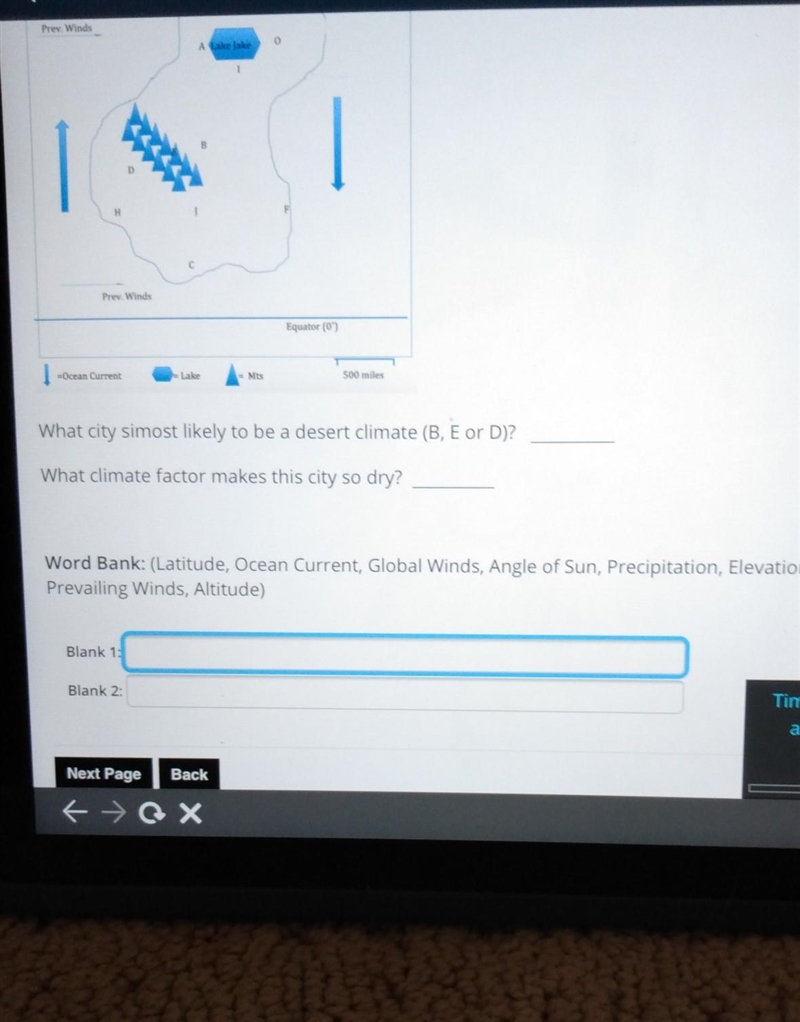 What city is most likely to be a desert climate? (B, E or D) what climate factor makes-example-1
