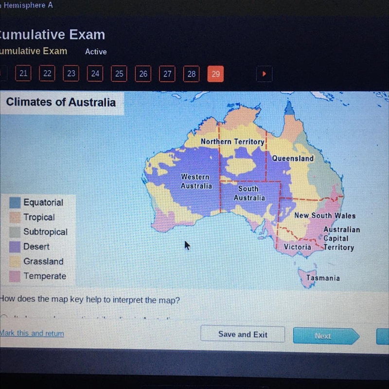 HURRRY ANSWER ASAP How does the map key help to interpret the map? A.)It shows where-example-1