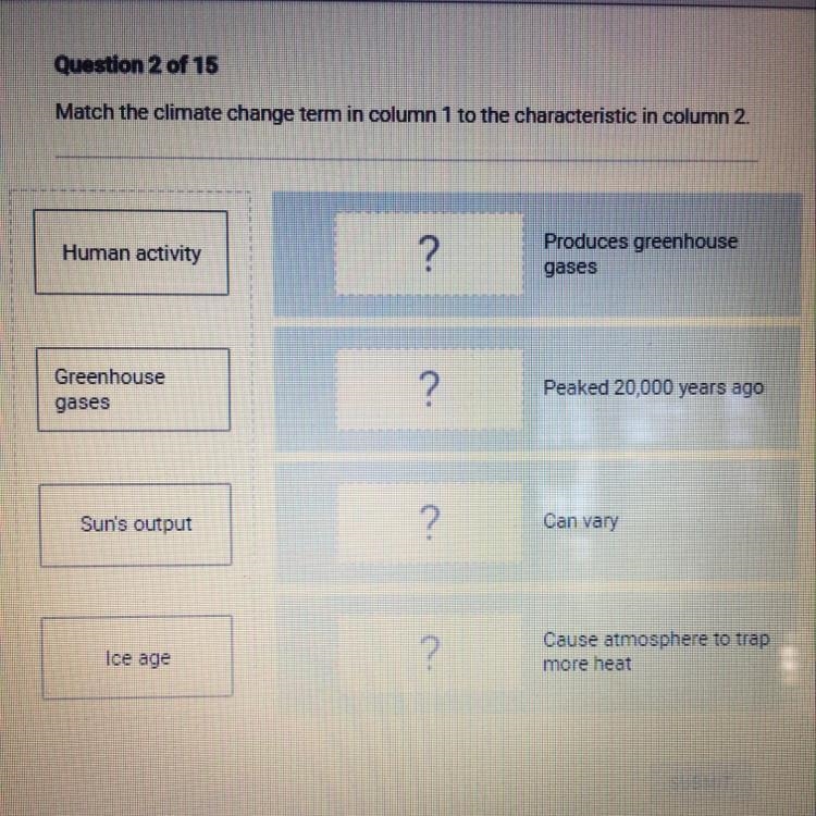 Match the climate change term in column 1 to the characteristics in column 2.-example-1