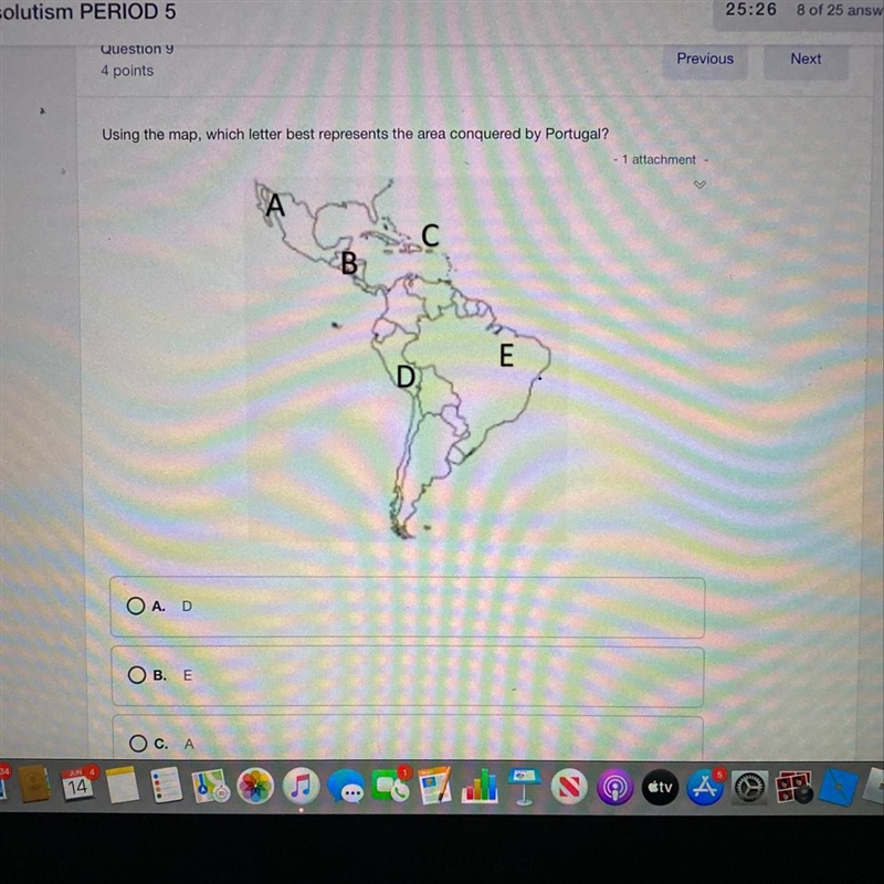 Which letter best represents the area conquered by portugal? A. d B. e C. a D. b-example-1