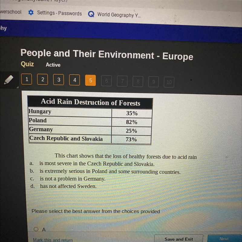 This chart shows that the loss of healthy forests due to acid rain a. is most severe-example-1