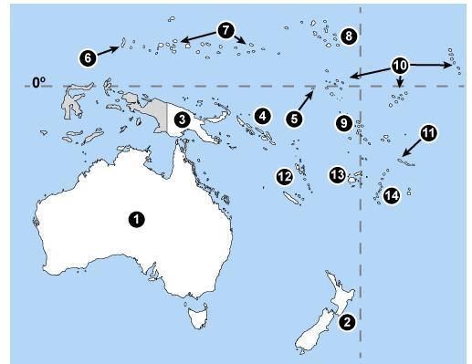 On the map of Oceania, number 3 is referring to which of the following countries? Australia-example-1