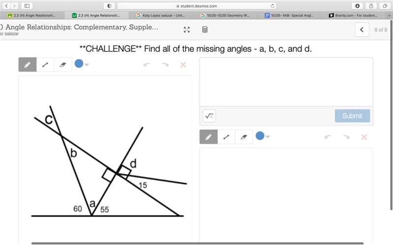 **CHALLENGE** Find all of the missing angles - a, b, c, and d.-example-1