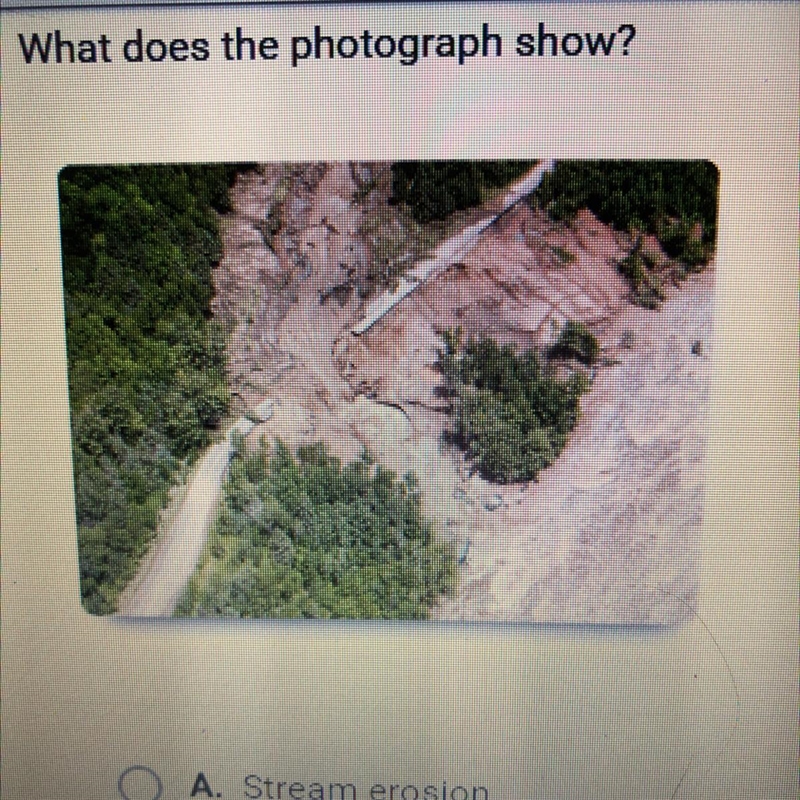 What does the photograph shown A. Stream erosion B. Elastic rebound C. A landslide-example-1