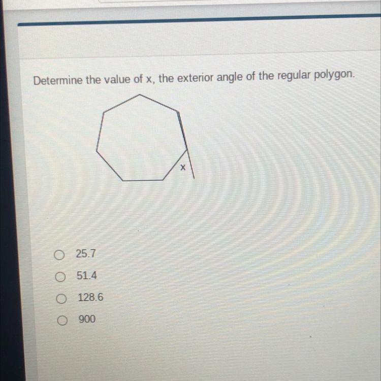 Determine the value of x, the exterior angle of the regular polygon.-example-1