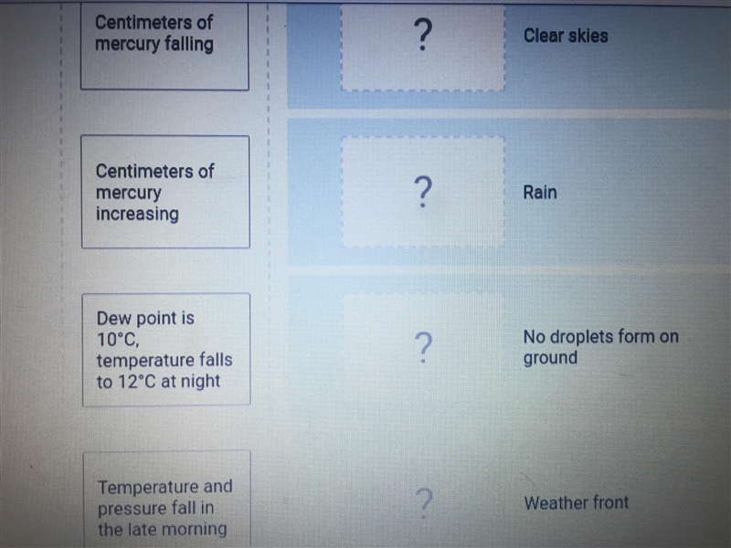 Please help me out on Matching the weather observation in column 1 to the most likely-example-1