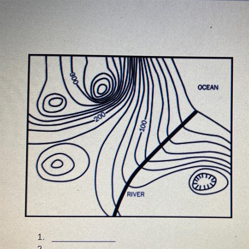 Identify examples of the four topographic map rules on the topographic map below.-example-1