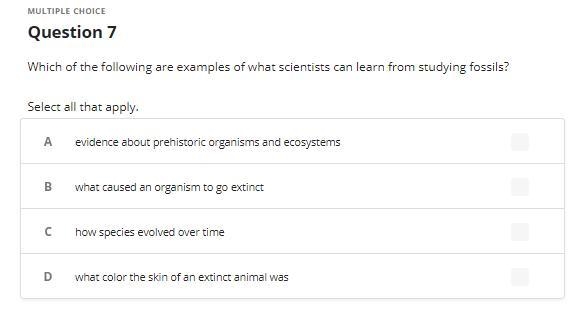 Which of the following are examples of what scientists can learn from studying fossils-example-1