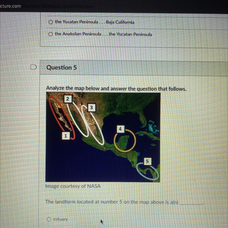 The landform located at number 5 on the map above is a(n) O estuary O isthmus O peninsula-example-1