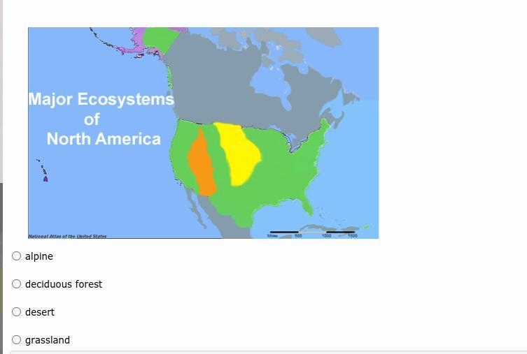 On the map below, what is the major ecosystem of the United States shown in orange-example-1