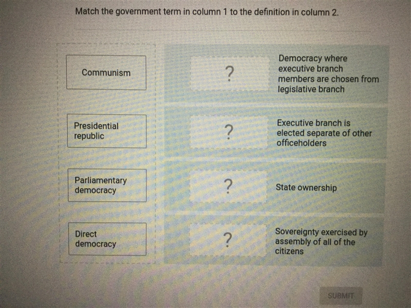 Match the Government term in column 1 to the definition in column 2.-example-1