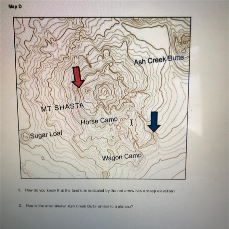 1. How do you know that the landform indicated by the red arrow has a steep elevation-example-1