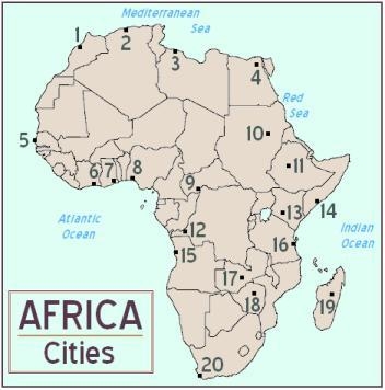 Which number on the map represents the city of Nairobi, the capital of Kenya? A. 20 B-example-1