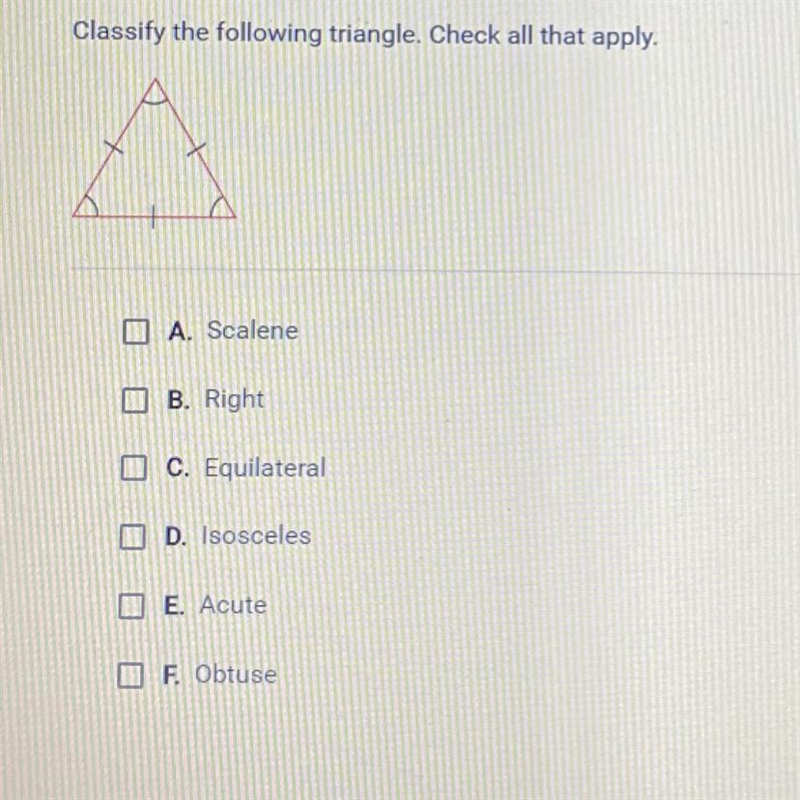 Question 1 of 10 2 Points Classify the following triangle. Check all that apply. O-example-1