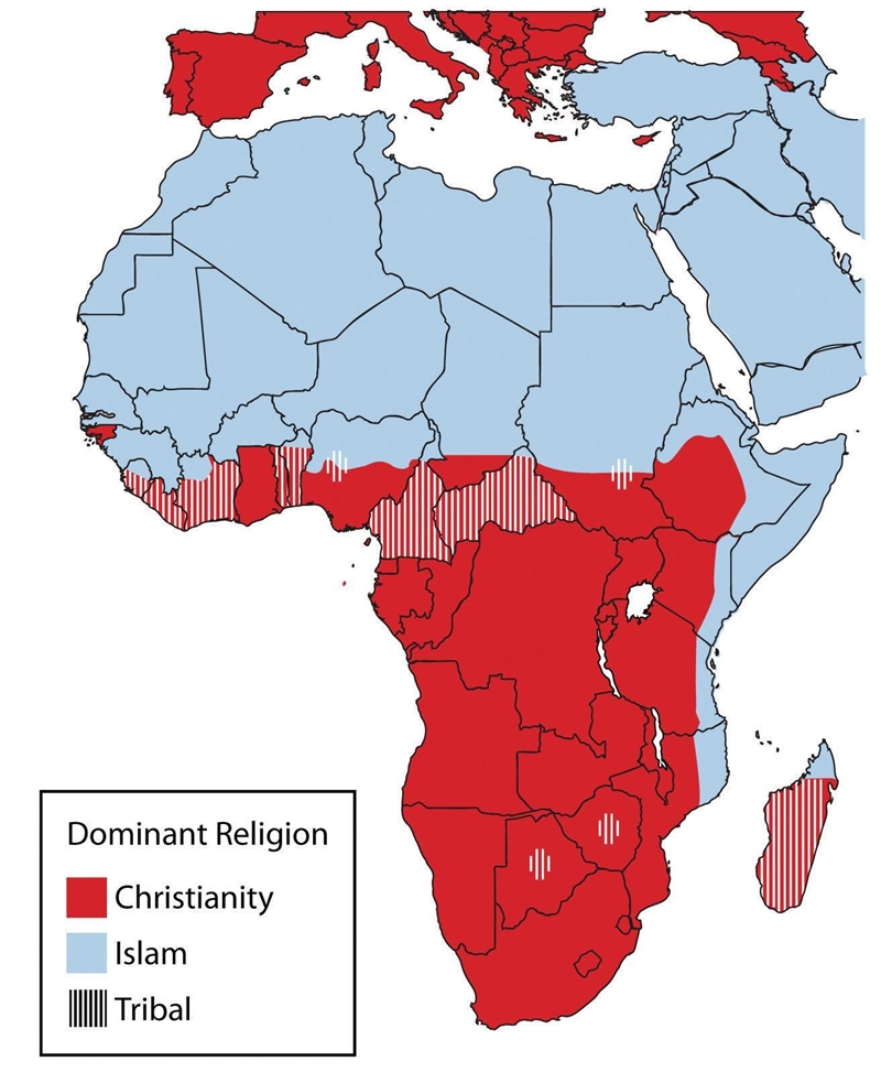 Based on the map of religon, the religion that is most practiced in the southern part-example-1