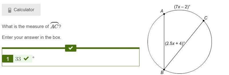 At is the measure of AC ? Enter your answer in the box. ° Circle with inscribed-example-1