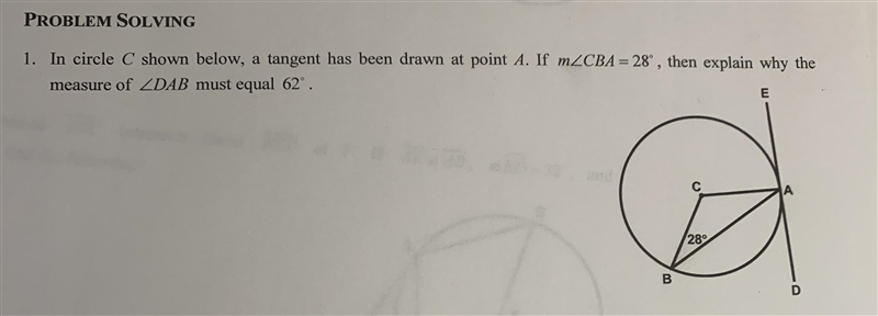 In circle C shown below, a tangent has been drawn at point A. If m CBA   28 then-example-1