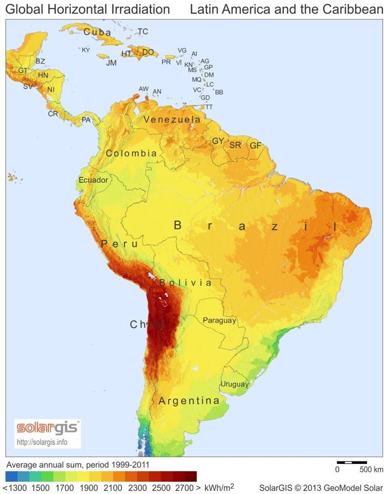 Which parts of South America receive the most solar radiation-example-1