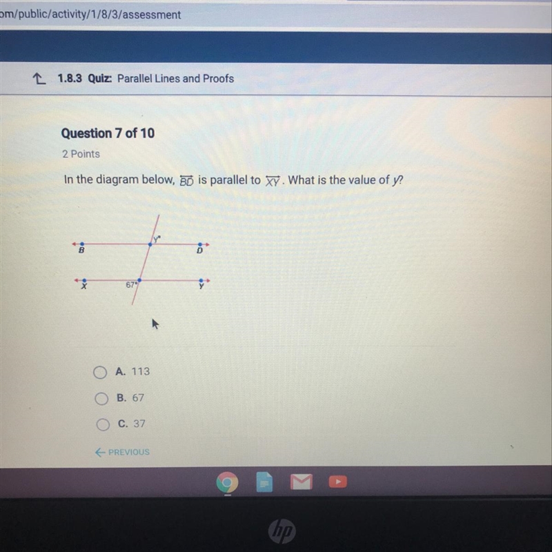 Question 7 of 10 2 Points In the diagram below, BD is parallel to . What is the value-example-1