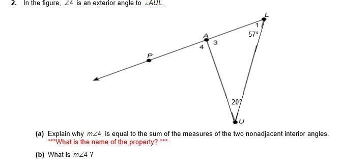 2. In the figure, is an exterior angle to . (a) Explain why is equal to the sum of-example-1