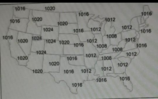 Draw the isobars on the map below, connecting areas of equal pressure. 2. Place a-example-1