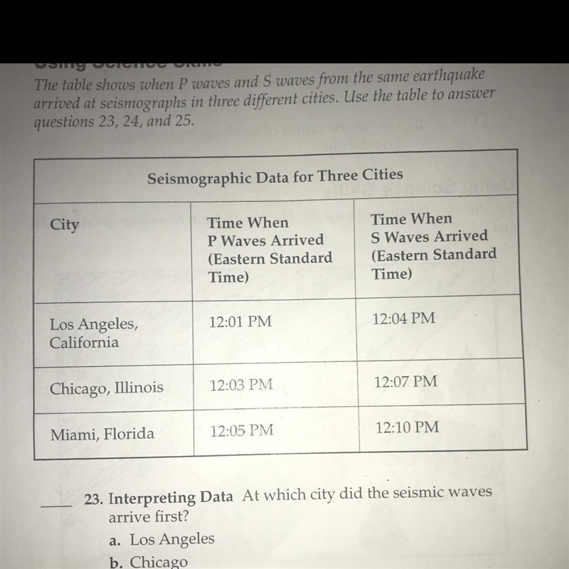 At which city did the seismic waves arrive first? a. Los Angeles b. Chicago c. Miami-example-1