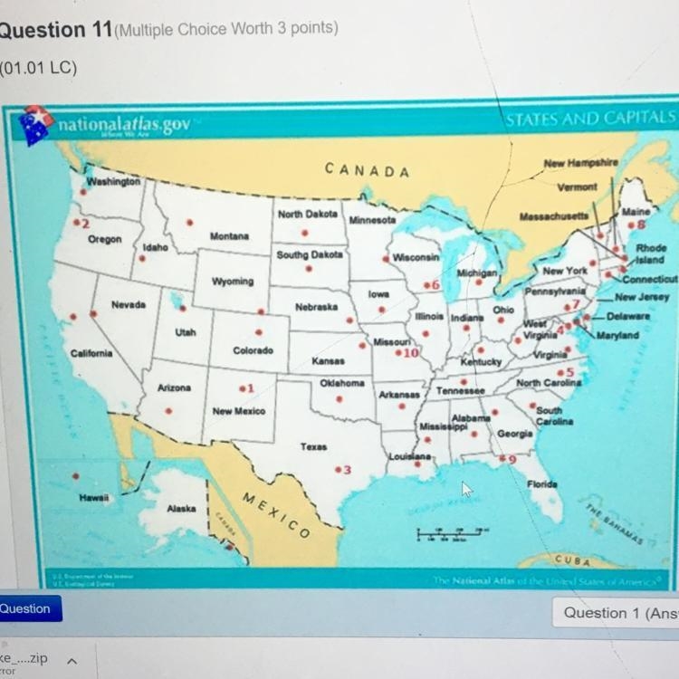 What number on the map represents the location of Washington, D.C.? a:1 b:4 c:6 d-example-1