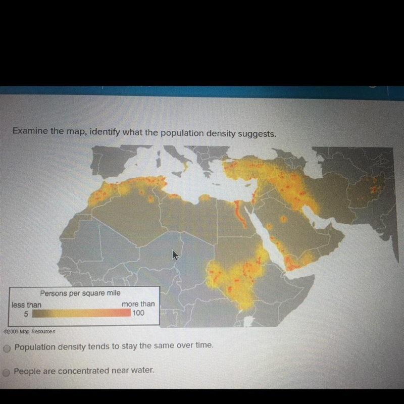 Examine the map, identify what the population density suggests. A. Population density-example-1