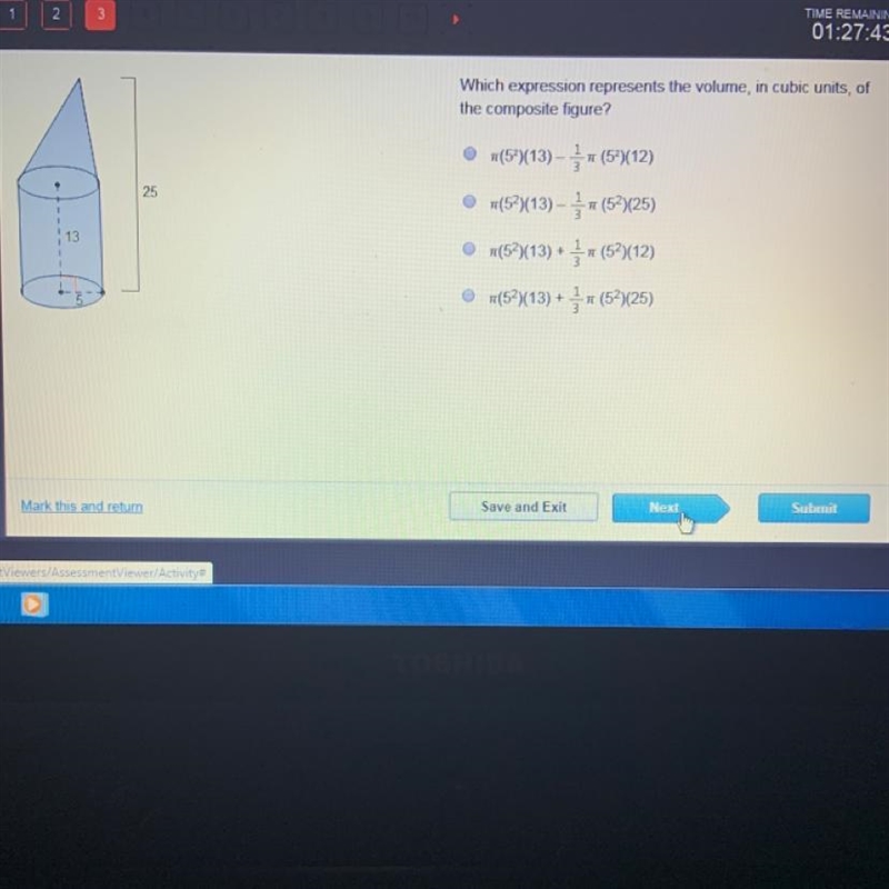 Which expression represents the volume, in cubic units, of the composite figure? O-example-1