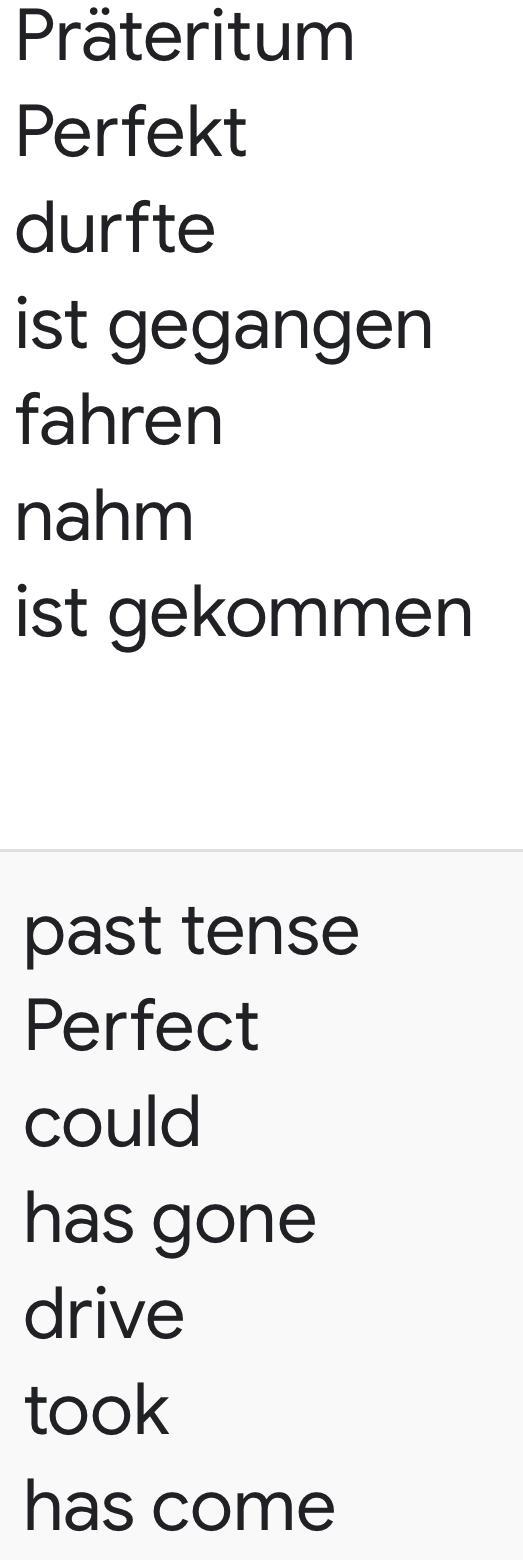 Infinitiv Präteritum Perfekt durfte ist gegangen fahren nahm ist gekommen-example-1