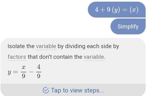 Hii what is 4+9(y=x) in simplified form-example-1