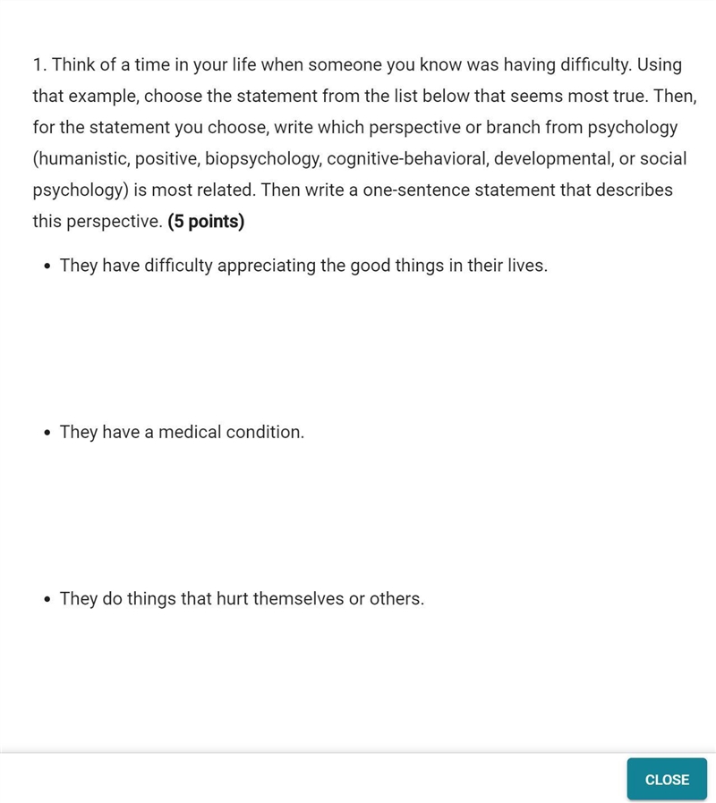 Which perspective/branch from psychology is most related to the first bullet point-example-1