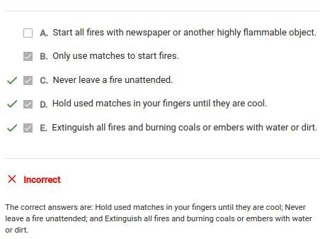 Which of the following are fire prevention guidelines? O A. Only use matches to start-example-1