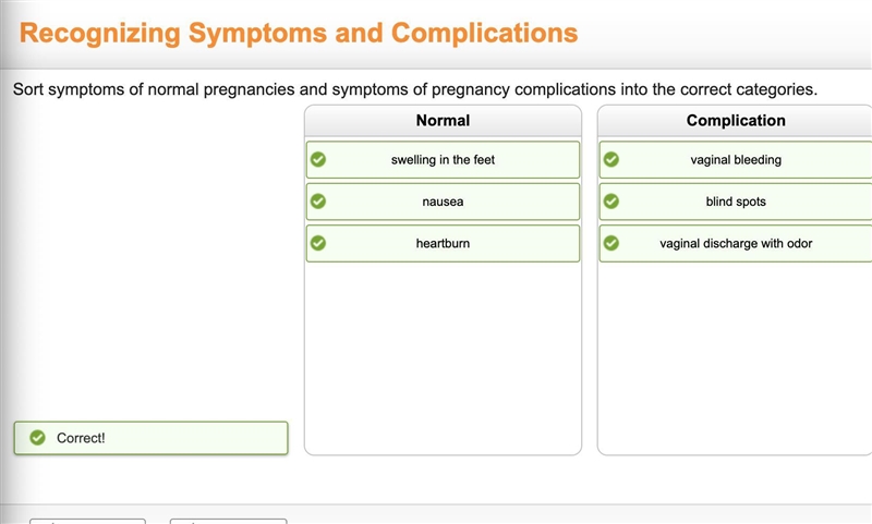 Sort symptoms of normal pregnancies and symptoms of pregnancy complications into the-example-1