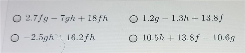 A triangle has side lengths of (3.9f - 1.2g) centimeters, (9.9f + 8.1h) centimeters-example-1