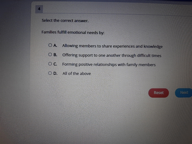 Families fulfull emotional needs by: A. Allowing members to share experiences and-example-1