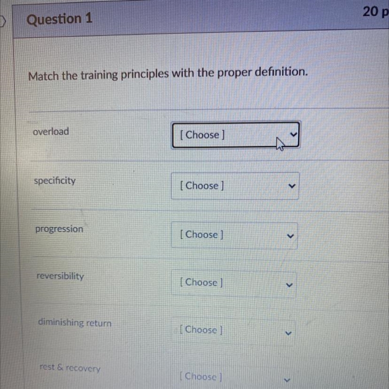 Match the training principles with the proper definition. overload [Choose ] specificity-example-1