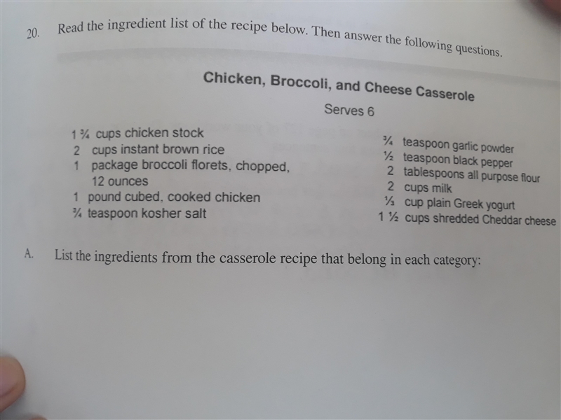 List the ingredients from the casserole recipe that belong in each category:-example-1