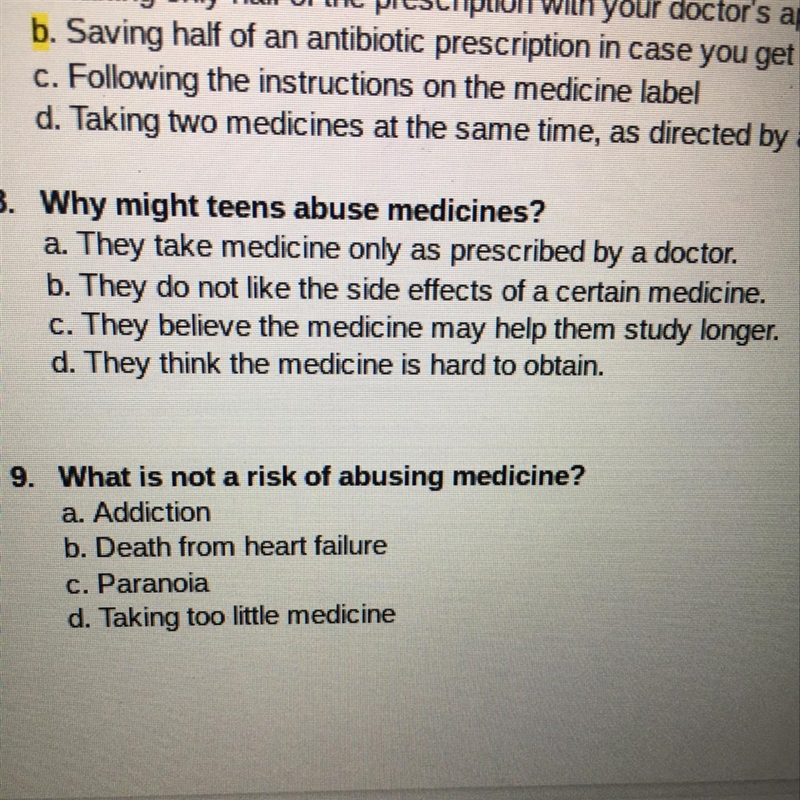 Questions 1 why my teens abuse medicines? Question 2 what is not a risk of abusing-example-1