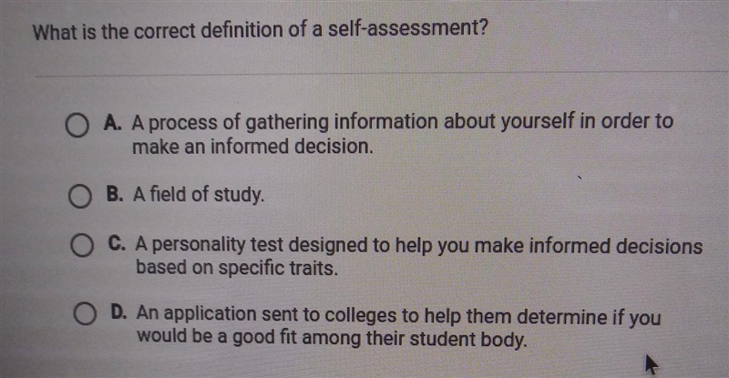 Question 4 of 20 What is the correct definition of a self-assessment? O A. A process-example-1