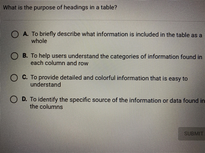 What is the purpose of headings in a table?-example-1