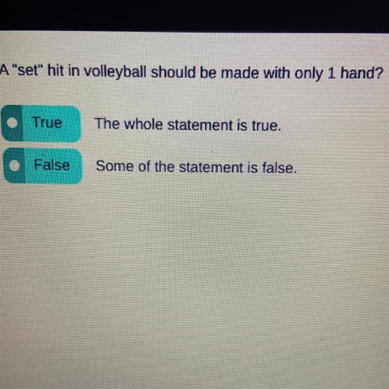 Help please fast A "set" hit in volleyball should be made with only 1 hand-example-1