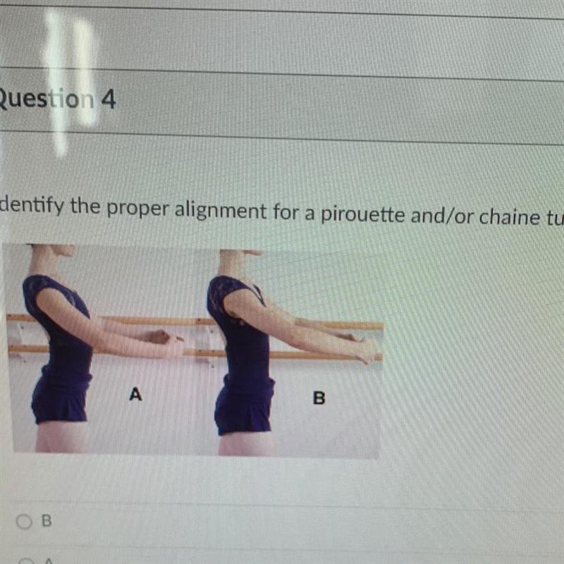 Identify the proper alignment for a pirouette and/or chaine turn. A B B OA Help they-example-1