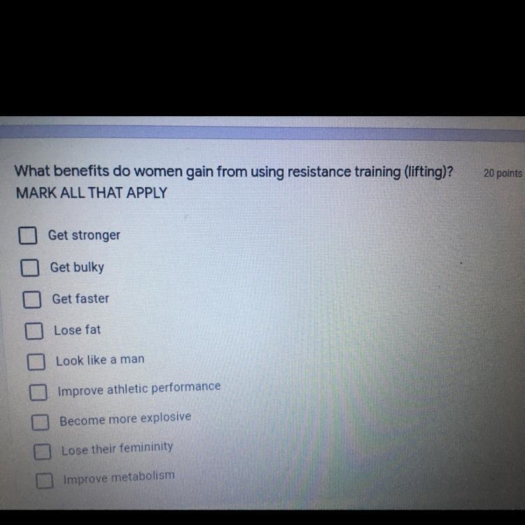 What benefits do women gain from using resistance training(lifting)? MARK ALL THAT-example-1