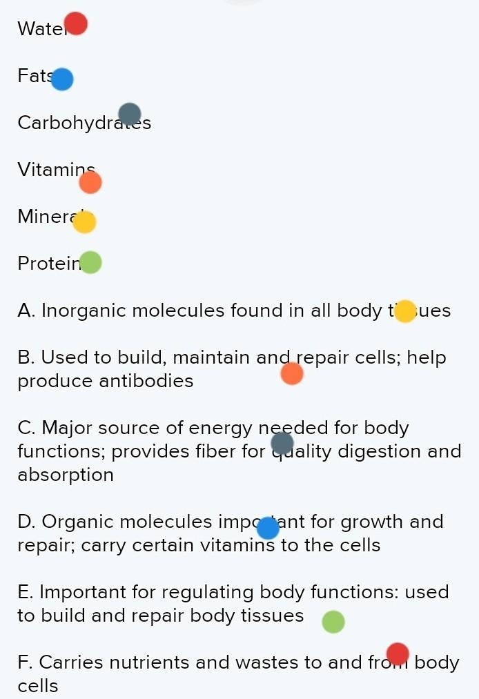 Match the nutrition molecule with its definition Water Fats Carbohydrates Vitamins-example-1