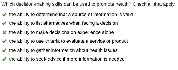 Which decision-making skills can be used to promote health? Check all that apply. {the-example-1