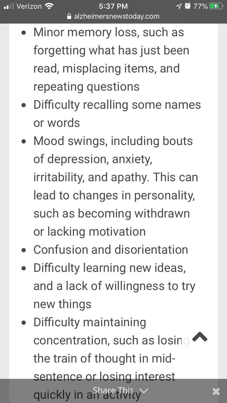 During the earliest stages of alzheimer's disease the most common symptoms are____________-example-1