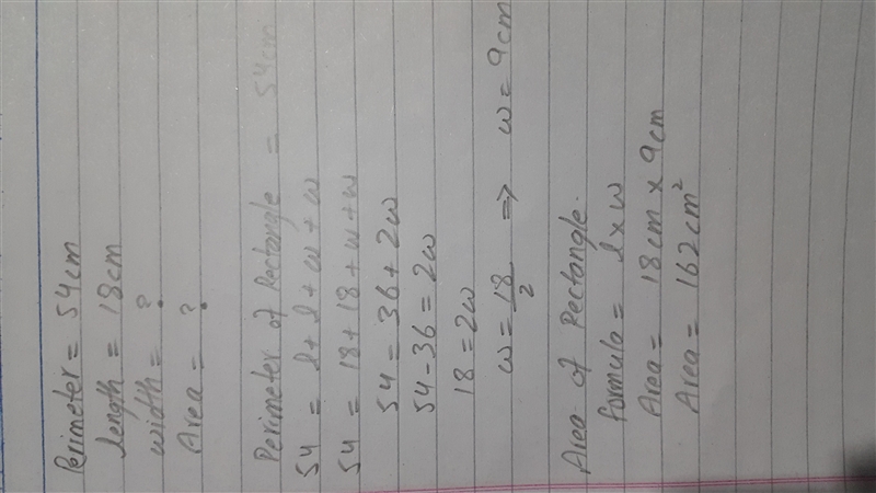 The perimeter of a rectangle is 54 cm.if the length of the rectangle is 18 cm ,find-example-1