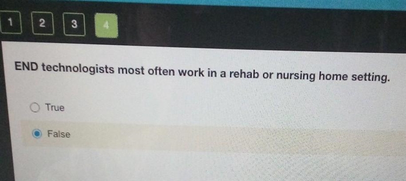 END technologists most often work in a rehab or nursing home setting. True O False-example-1